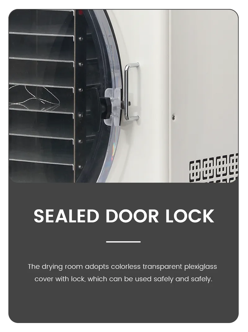 Geliss freeze dryer sealed door lock feature infographic illustrating the heavy-duty handle latch built onto a colorless transparent plexiglass drying room cover for safe vacuum operation